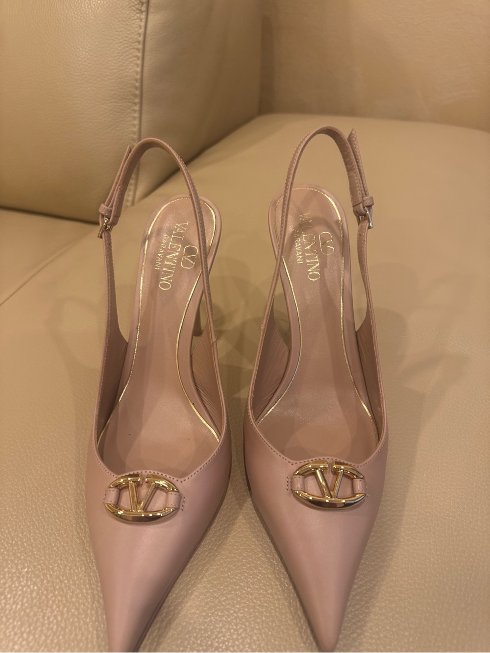 Valentino Dusty Pink Leather Pointed Slingback Pumps with Gold V Emblem